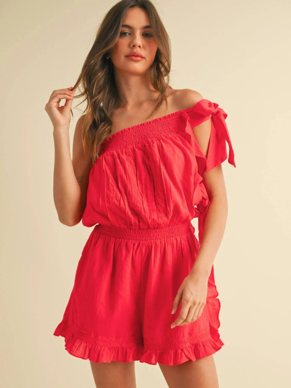 Women's Red Ruffled Romper - Picture 2 of 9